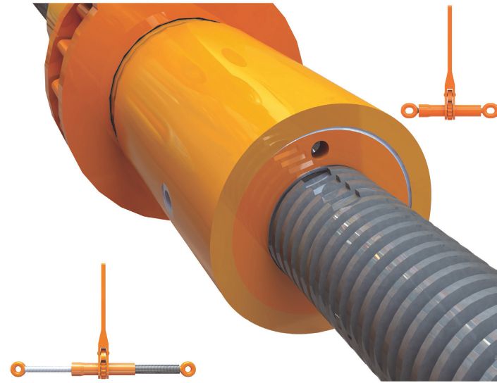 Close-up rendering of an orange DoRa Gen 2 ratcheting load binder housing over a threaded steel spindle, with two full binder views inset.