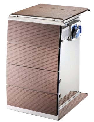 Leonardo marina power pedestal with stainless steel frame, brown composite wood slats and a side-mounted electrical socket box.