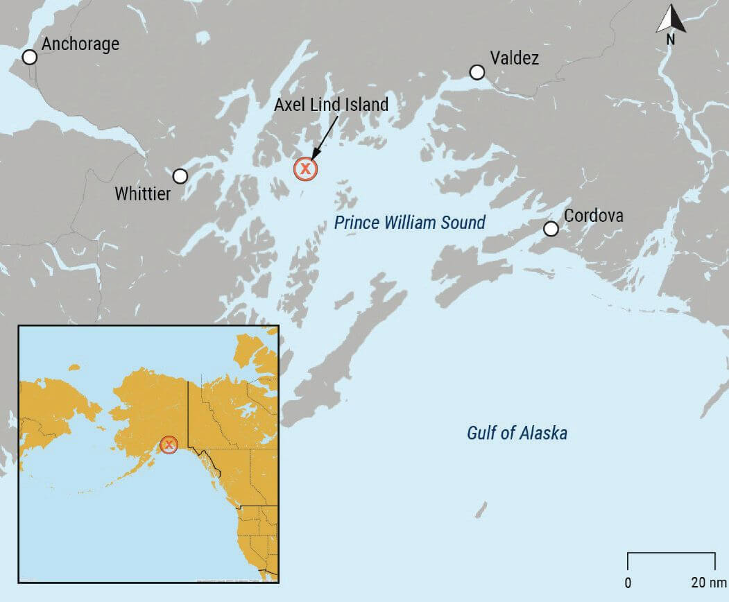 Map of area in Prince William Sound where the barge Cordova Provider grounded on Axel Lind Island, Alaska, as indicated by a circled X.