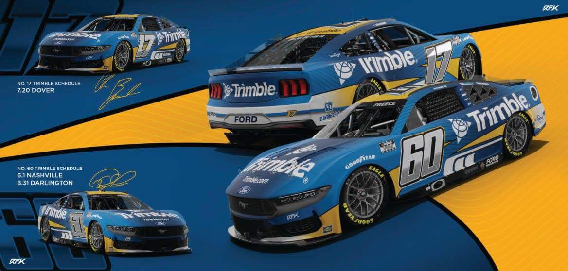 RFK Racing graphic of the blue and gold Trimble-sponsored No. 17 and No. 60 Ford Mustangs with their 2025 race schedules.